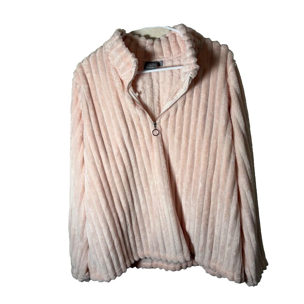 Daisy Fuentes Sweatshirt Women's XL Pink Ribbed Fleece Fuzzy Faux Fur Pullover